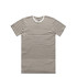 A brown and white striped T-shirt featuring short sleeves and a crew neckline, with a logo on the label.