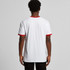 A white T-shirt with red trim on the collar and sleeves, featuring a simple design and no visible logos.