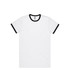A white t-shirt with black contrasting sleeves and neckline, featuring a logo on the tag.