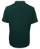 A dark green polo shirt with a collar and short sleeves, featuring a logo on the back.