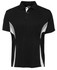 A black polo shirt featuring grey side panels and a collar, with a logo on the chest.