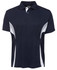 A dark navy polo shirt with white accents and a logo, featuring a classic collar and short sleeves.