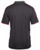 A black polo shirt with red detailing, featuring a branded logo on the back.