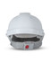 A white safety helmet with an adjustable strap and a logo on the side.