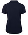 A navy polo shirt with a collar and short sleeves, featuring a logo on the back.
