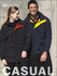 A unisex casual wear jacket in black with red and yellow accents, featuring two models wearing different colours.