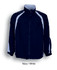 A unisex adult track suit jacket in navy with white accents and a zip front. Features a logo on the chest.