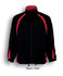 A black and red track suit jacket featuring contrast panels and a zip front, with a logo on the chest.