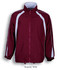 A burgundy track jacket featuring white contrast panels and a front zipper, with an attached collar and elastic cuffs.