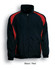 A track jacket in black with red accents, featuring a zip front and elastic cuffs. It has a logo on the chest.
