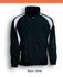 A kids training track jacket in black and white with a zippered front and elasticised cuffs. It features a branding logo.
