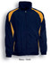 A navy and gold kids training track jacket with a zip, featuring contrasting panels and a collar.