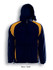 A navy and gold reversible sports jacket with a hood and zip closure, featuring a branding logo.