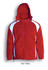 A reversible sports jacket in red and white with a hood and contrasting panels, featuring a logo.