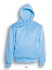 A sky blue unisex pullover hoodie with a front pocket and a drawstring hood. The hoodie has a logo.