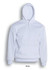 A white unisex adults pull over hoodie with a front pocket and a hood. Features a brand logo.