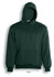 A green kids' pull-over hoodie featuring a front pocket and a drawstring hood. It has a logo on the front.