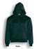 A dark green fleece hoodie with a zip front and a hood, featuring a logo on the chest area.