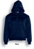 A navy fleece hoodie with a zip front and a large hood, featuring a logo on the chest.