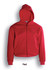 A red fleece hoodie with a zip front, featuring a hood and kangaroo pockets. It has a logo on the chest.