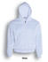 A white fleece hoodie with a zip front and a hood, featuring two side pockets and a logo.
