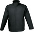 A men's soft shell jacket in black, featuring a zip closure and a high collar. The jacket has one zippered pocket and a branded logo.