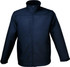 A navy soft shell jacket with a high collar and front zip pocket. It features a logo on the chest.