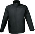 A soft shell jacket in black with a zippered front and a high collar. It features a logo on the side.
