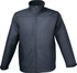 A soft-shell jacket in black with a zippered front and a stand-up collar, featuring a logo on the chest.