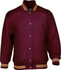 A maroon bomber jacket with yellow striped cuffs and collar, featuring buttons and pockets. Includes a logo.