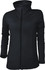 A black ladies yoga jacket with a high collar and zip closure, featuring a logo on the front.