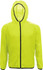 A bright yellow unisex rain jacket with a hood and black zipper accents. It features a logo on the front.