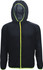 A black unisex wet weather running jacket with a hood and bright yellow trim, featuring a logo on the front.