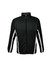 A black unisex track jacket with white side stripes and a zip-up front. Features a logo on the chest.