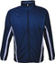 A navy blue unisex track jacket with white side stripes and a front zip. Features a logo on the chest.