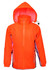 A bright orange reflective wet weather jacket with a hood and side pockets. It features a logo on the front.