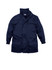 A navy blue kids' outer jacket featuring snap buttons, a zip closure, and multiple pockets. It has a logo on the chest.