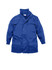 A blue kids' outer jacket with long sleeves, featuring a front button closure and two pockets. It has a logo.