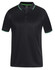 A black polo shirt featuring green contrast details and a logo. The shirt has a collar and button closure.