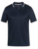 A navy blue polo shirt featuring a textured fabric, three-button placket, and contrasting collar and sleeve trims.