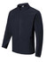 A navy softshell jacket featuring a zip front and side pockets, designed for kids. Includes a branding logo.