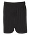 A pair of black sports shorts featuring a mesh design and an elastic waistband, with branding present.