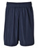 Navy sports shorts featuring a breathable mesh fabric and an elastic waistband. Includes branding on the garment.