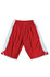 Red men's basketball shorts with white side panels and an elastic waistband, featuring a logo.