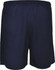 Navy blue woven running shorts with an elastic waistband and a branding logo. Ideal for sports activities.