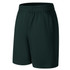 A pair of dark green sports shorts featuring an elastic waistband and side pockets. Includes a logo.