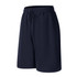 Navy Terry fleece track shorts with an elastic waistband and drawstring. Features a logo on the garment.