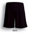 Black sports shorts with an elastic waistband, featuring a simple design and a branding logo.