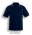 A navy and sandstone unisex polo shirt with a collar and contrasting detailing. It features a logo on the chest.