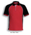 A red, black, and white men's panel polo shirt featuring a collar and buttons, with contrasting sleeves and a logo.